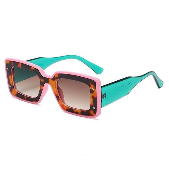 Pink Cheetah Frame Mod Rectangle Inset Colorblock Fancy Pattern Sunglasses - Picture 3 of 3